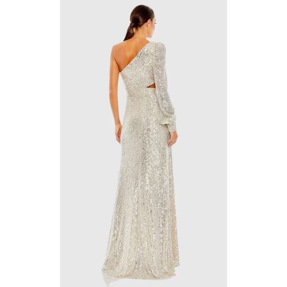 Ieena for Mac Duggal Silver Sequined One Shoulder Cut Out Gown NWT Sz 2 26730 - Picture 3 of 8